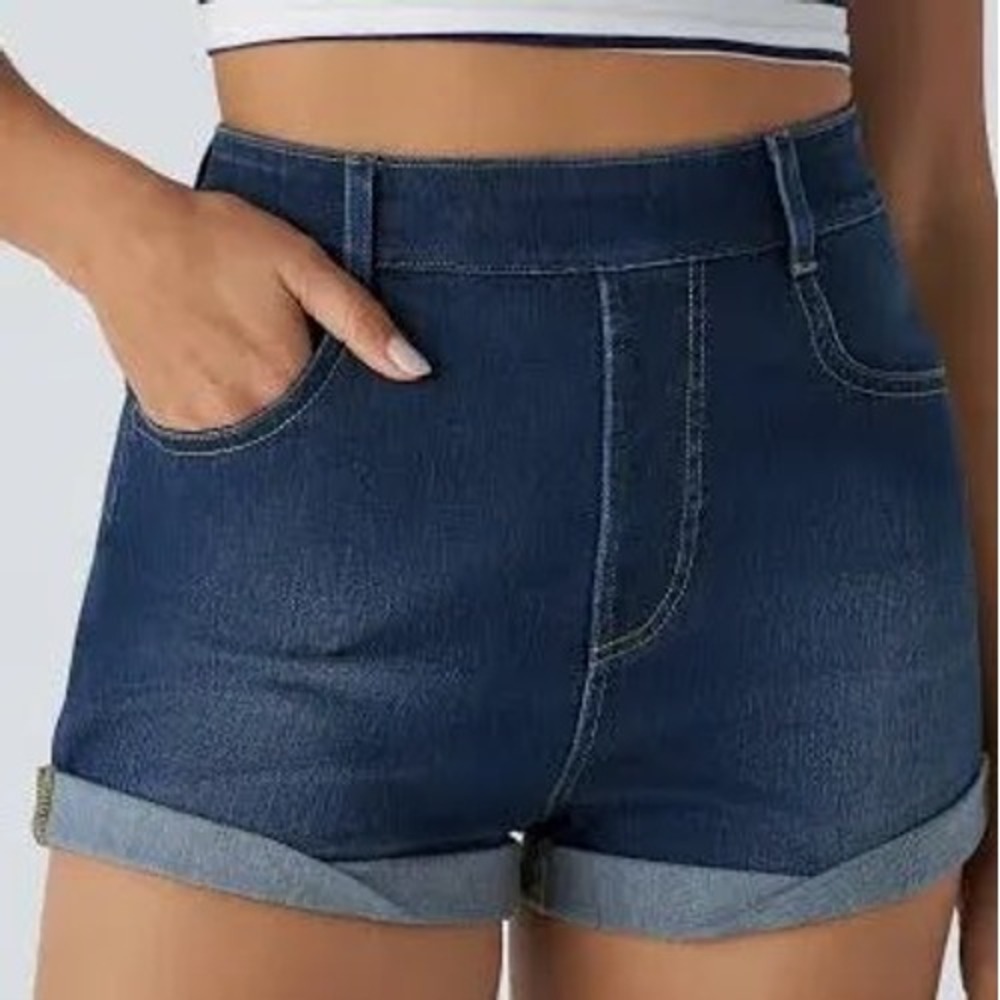 Halara Flex High Waisted rolled cuff Denim Shorts Lt Ink Blue washed pull on L